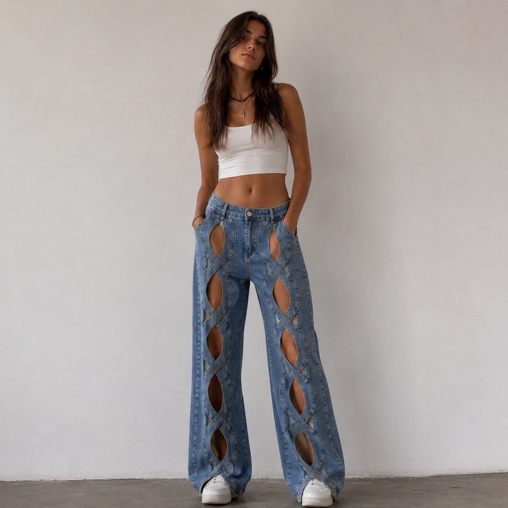 Y2K hollow out snake wide leg jeans women's XL reverse chaps cut out twist denim